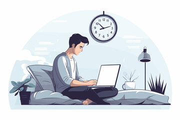 Fototapeta na wymiar person in bed working on laptop vector flat isolated illustration