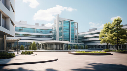 the exterior facade and main entrance of the hospital building - Powered by Adobe