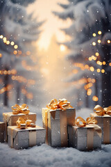 Illuminated christmas gift boxes on winter snow, outdoor background, Merry Christmas and Happy New Year.