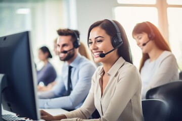 Customer support agent or call center in headset working at customer service office.
