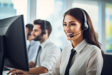 Customer support agent or call center in headset working at customer service office.
