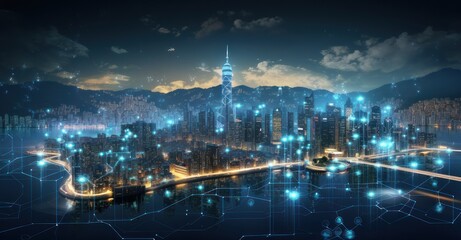City's digital heartbeat superimposed on its skyline. - obrazy, fototapety, plakaty