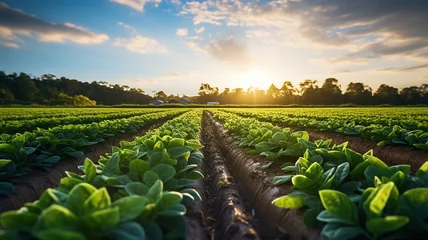 Fotobehang neatly arranged rows of organic crops in a farm setting © PRI