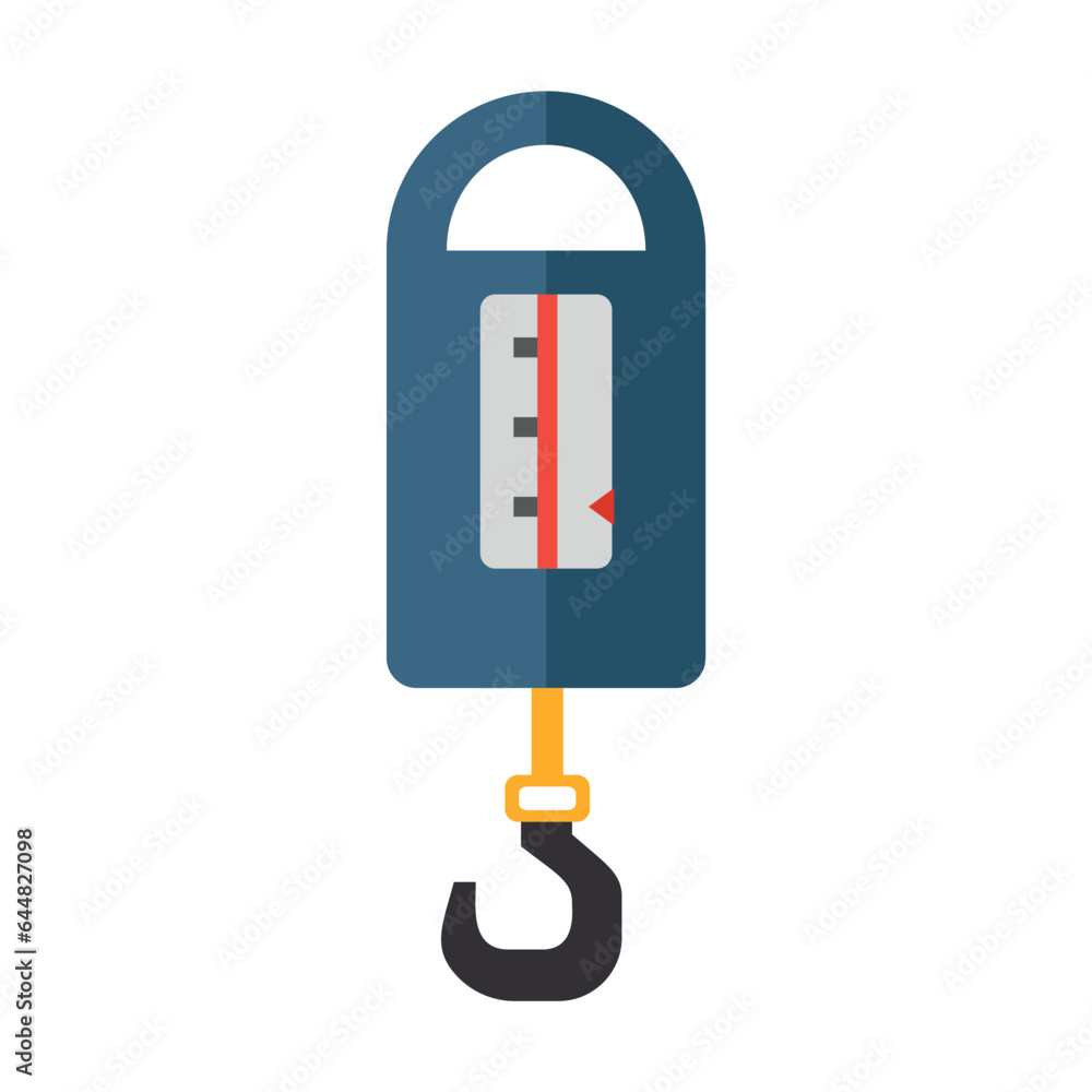 Poster mechanical hanging scales vector. tool for determining measurement of mass. multicolored flat vector