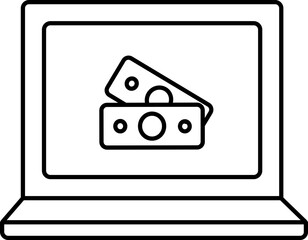Banknote In Laptop Icon In Black Line Art.