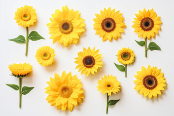 Collection of beautiful sunflower flowers on solid background.