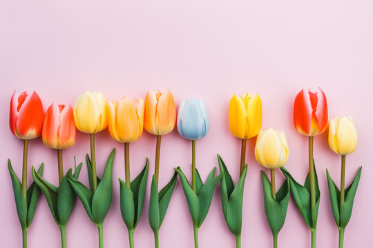 Collection of beautiful tulip flowers on solid background.