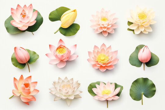 Collection of beautiful lotus flowers on solid background.