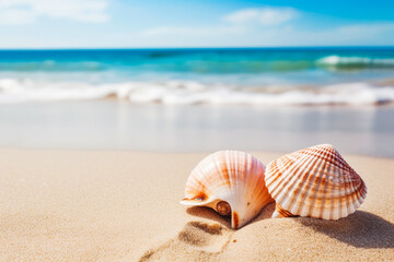 Fototapeta na wymiar Beautiful sea shells on sandy beach with sea in background. Ocean summer and vacation concept.