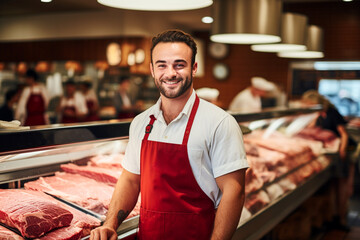 Young smiling woman/man butcher standing at the meat counter. AI generativ. - obrazy, fototapety, plakaty