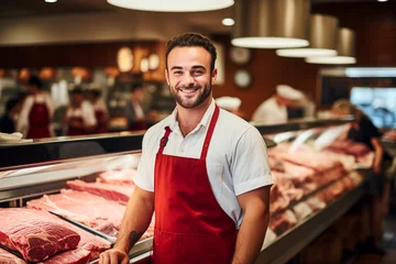 Fotobehang Young smiling woman/man butcher standing at the meat counter. AI generativ. © Dar1930