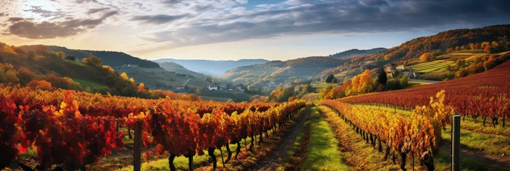 Foto auf Acrylglas Weinberg autumn hillside vineyard full of fallen coloured leaves . AI generative.