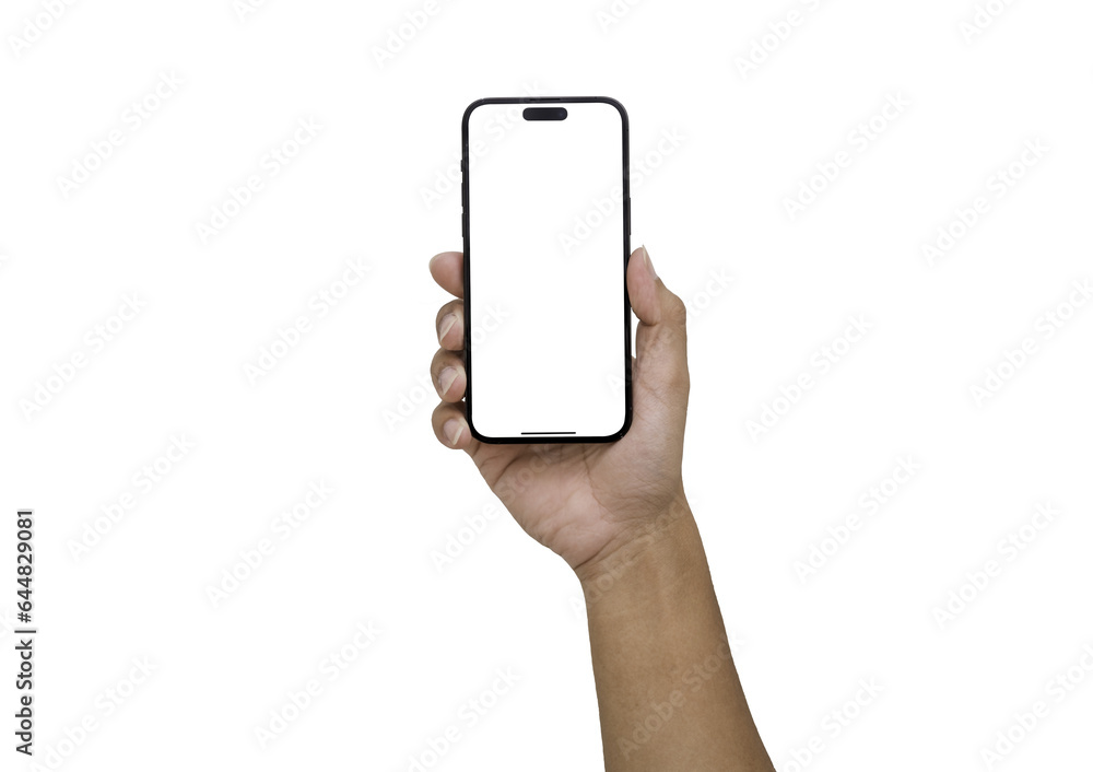 Poster hand holding the black smartphone iphone with blank screen and modern frameless design in two rotate