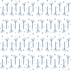 Abstract flower nature art seamless pattern illustration. Modern hand drawn floral painting, spring acrylic paint drawing background. Blue color flowers wallpaper print.