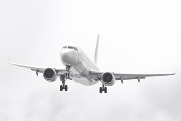 Naklejka premium A white aircraft glides through the sky against a spotless white background, presented in a minimalist, hyper-realistic style as it soars through the air. Generative AI.