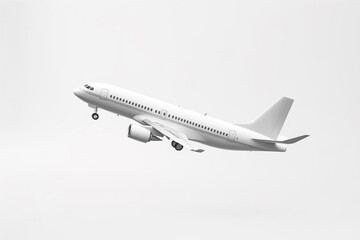A white aircraft glides through the sky against a spotless white background, presented in a minimalist, hyper-realistic style as it soars through the air. Generative AI.