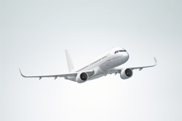 A white aircraft glides through the sky against a spotless white background, presented in a minimalist, hyper-realistic style as it soars through the air. Generative AI.