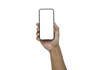 Hand holding the black smartphone iphone with blank screen and modern frameless design in two rotated perspective positions - isolated on white background - Clipping Path	