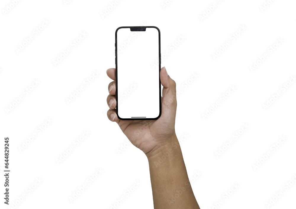 Poster hand holding the black smartphone iphone with blank screen and modern frameless design in two rotate
