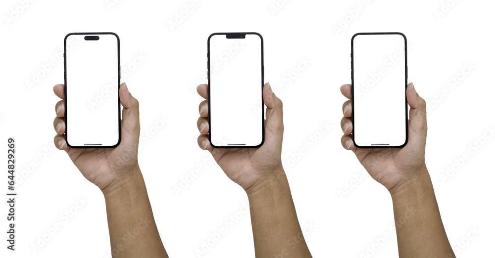 Poster hand holding the black smartphone iphone with blank screen and modern frameless design in two rotate