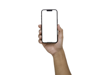 Hand holding the black smartphone iphone with blank screen and modern frameless design in two rotated perspective positions - isolated on white background - Clipping Path	