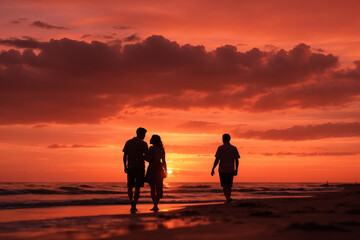 A romantic silhouette of a couple embracing against a backdrop of a fiery orange and pink sunset on the beach.