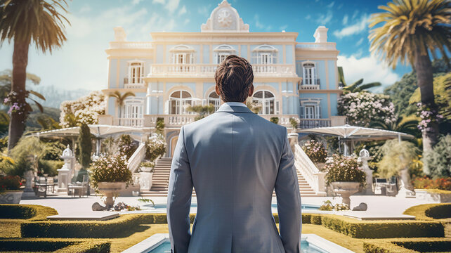 A businessman stands in front of a lavish villa, Real Estate Investment