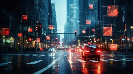 Fotobehang the scene of a busy intersection with intelligent traffic lights and sensors optimizing traffic flow © PRI