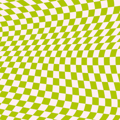 Green distorted checkerboard background. Retro psychedelic checkered wallpaper. Wavy groovy chessboard surface. Trippy twisted geometric pattern. Abstract vector backdrop