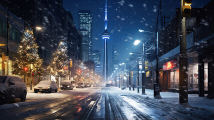 a city street with snowfall, capturing the contrast between the falling snow and city lights