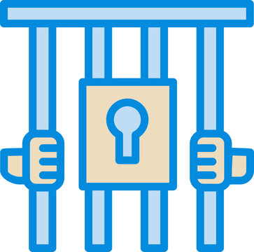Hand Holding Prison Bars Icon In Blue And Yellow Color.