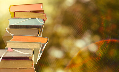 stack of books against lens flare and colored trees, autumn book fair, inspiration,reading,...