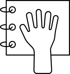 Hand On Spiral Notebook Icon In Black Line Art.