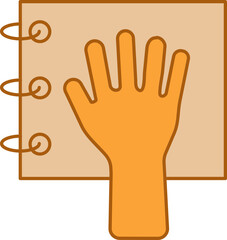 Hand On Spiral Notebook Icon In Orange Color.