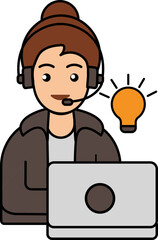 Mic Headphones Wearing Woman With Laptop For Idea Colorful Icon.