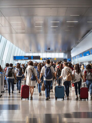 Passengers with luggage walking through the busy departures hall of a large airport 