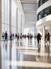 Workers walking through a large office reception area filled with natural light in a downtown setting