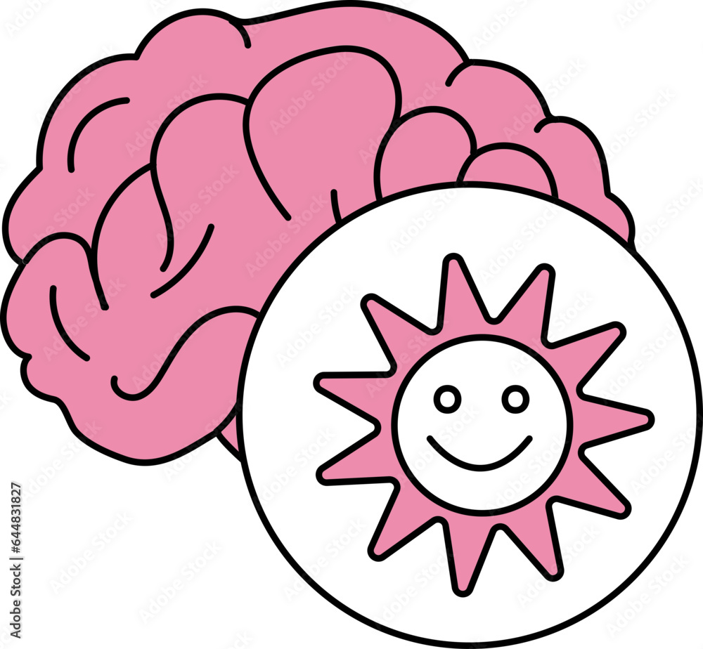 Sticker White And Pink Happy Sun With Brain Icon Or Symbol.