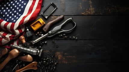 Various engineer tools labor day construction and manufacturing tools on dark black background with patriotic US, USA, American flags.