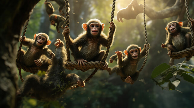 Playful Monkeys And Other Primates Swinging And Climbing In The Treetops