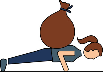 Woman Try Push Up With Heavy Sack On The Back Colorful Icon.