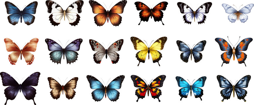 set of bright vector hand painted butterflies white background. Generative AI