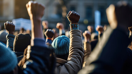 Close-up shots of protesters raising their fists in solidarity, a symbol of unity and strength - obrazy, fototapety, plakaty