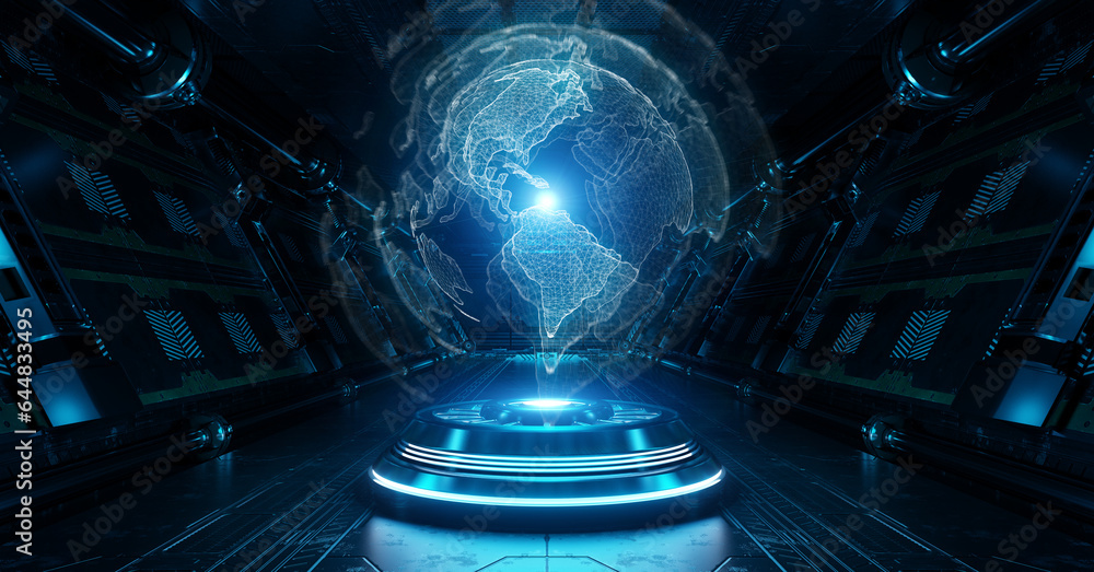 Leinwandbilder Blue spaceship interior with glowing  world map. Futuristic corridor in space station with projected Planet Earth background 3d rendering