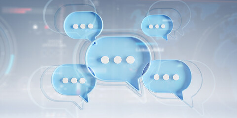 Minimalist blue and white speech bubbles talk icons floating over grey background. Modern conversation or social media messages with shadow. 3D rendering
