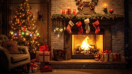 fireplace with christmas decorations. seamless looping time-lapse virtual video animation background. - Powered by Adobe