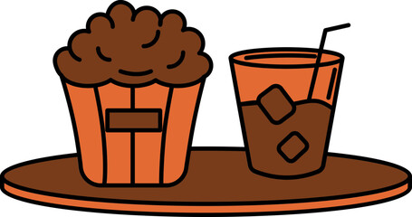 Popcorn With Cold Drink On Plate Icon In Brown And Orange Color.