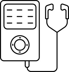 Ipod Music Player With Earphone Icon In Black Line Art.