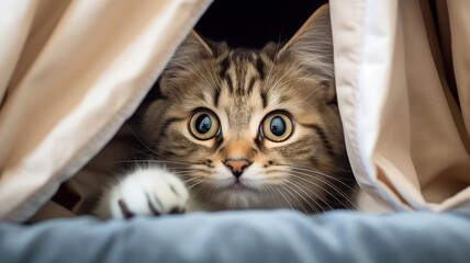kitten peeking out from behind a curtain
