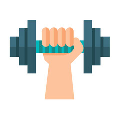 Strong male hand holding heavy dumbbell. Multicolored flat vector icon representing hand gestures and actions concept isolated on white background